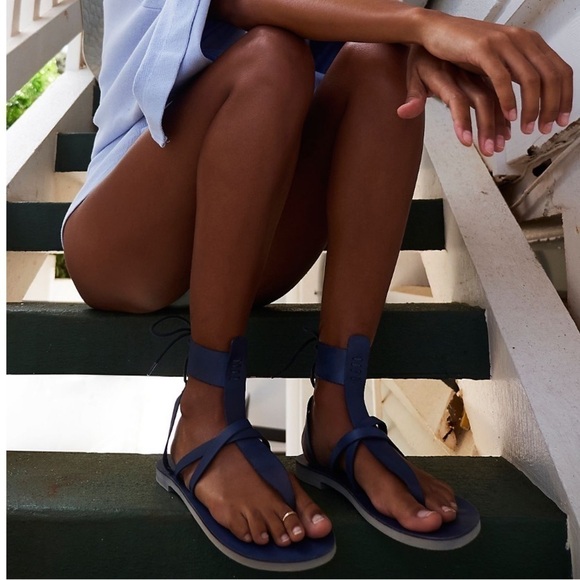 FREE People Denim Blue Leather Vacation Day Wrap Sandal size 38.5 - Picture 3 of 9